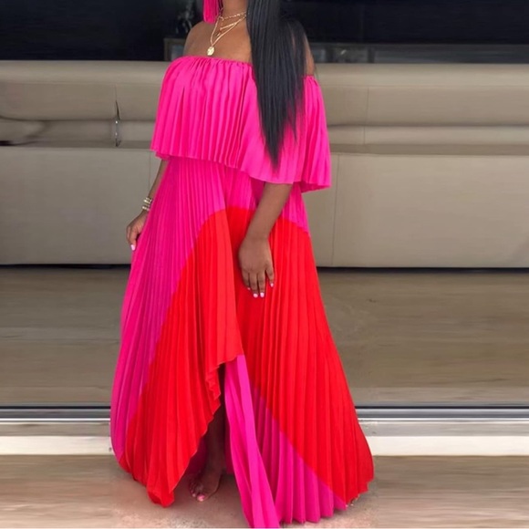 IyMoo Womens red & pink Chiffon Sundress Off Shoulder Pleated Boho Maxi Dress - Picture 1 of 9